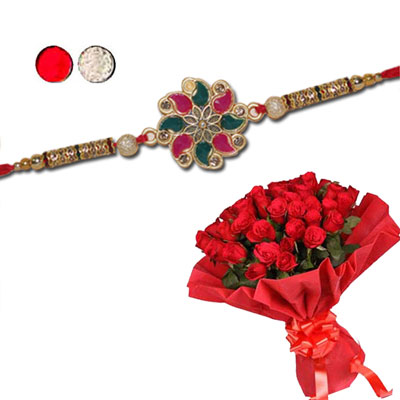 "Rakhi - ZR-5060 A (Single Rakhi), 25 red roses flower bunch - Click here to View more details about this Product